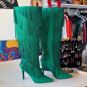 INC Emerald Rhinestone Fringe Stiletto Knee-High Boots - NWB!